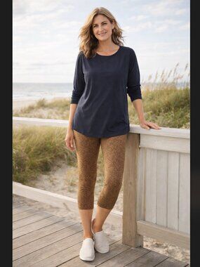J Jill Fit Active Capri Leggings MT Tall Leopard Cotton Stretch Athleisure Boho
